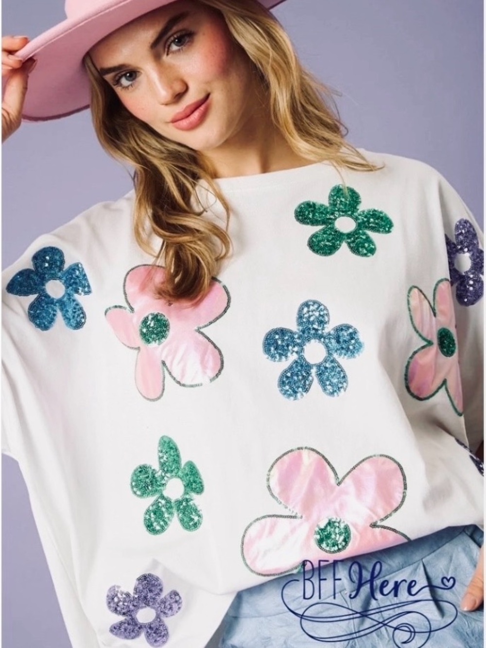 Fantastic Fawn White Tee with Pink, Blue & Green Floral Appliqués 100% Cotton